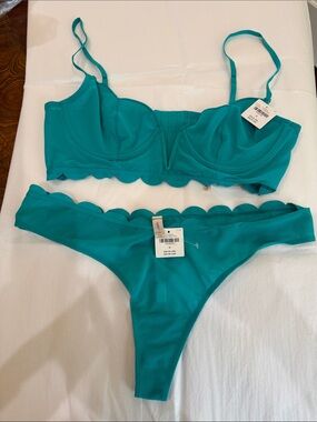 Anthropologie Teal Scalloped Bikini Top and Thong Set